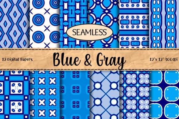 12 Blue Gray Seamless Patterns Tiles for Creative Designers and Crafters
