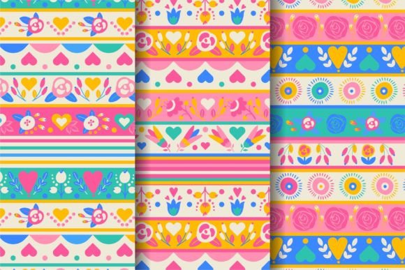 3 Patterns with Flowers and Hearts