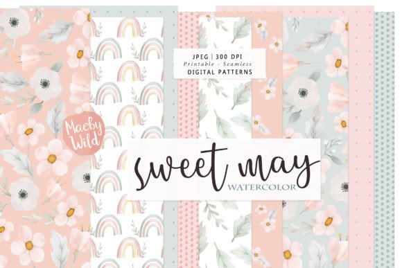 Rainbow and Flower Watercolor Patterns